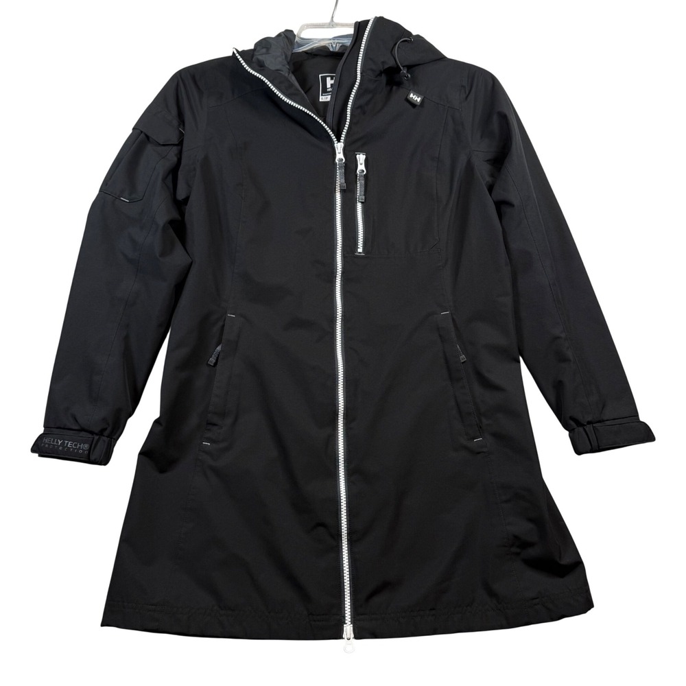 Helly Hansen Rain Jacket Women Small Black Helly Tech Hooded Longline Parka Coat